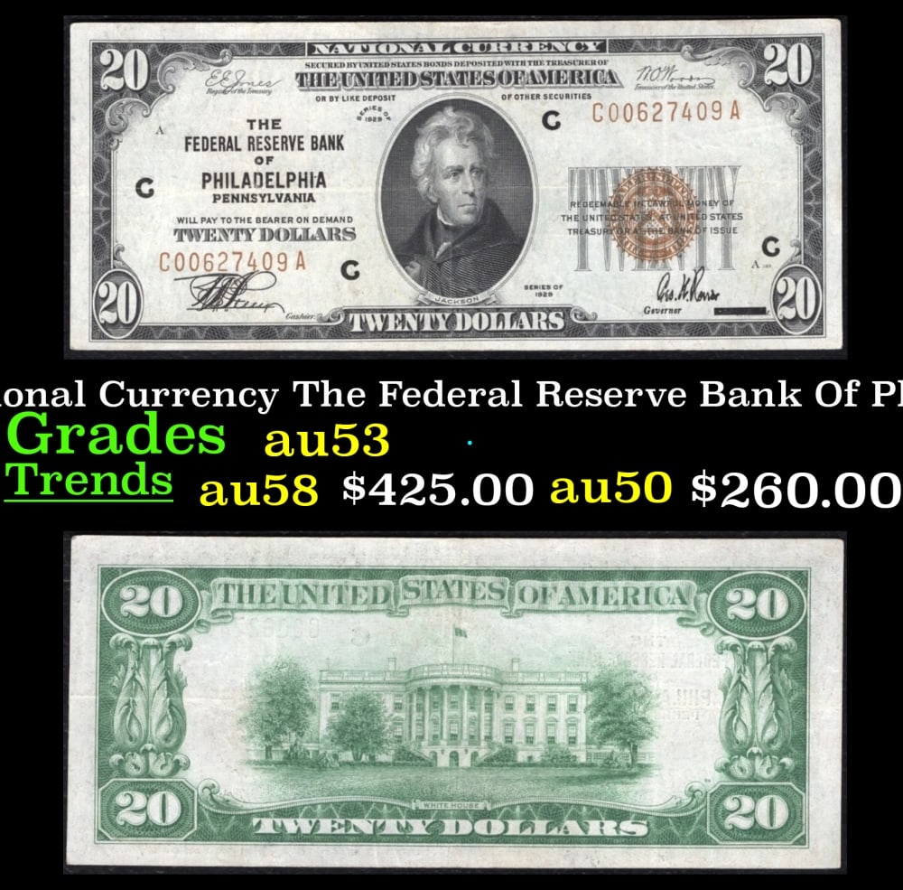 1929 $20 National Currency The Federal Reserve Bank Of Philadelphia, PA Grades Select AU (1 of 3)