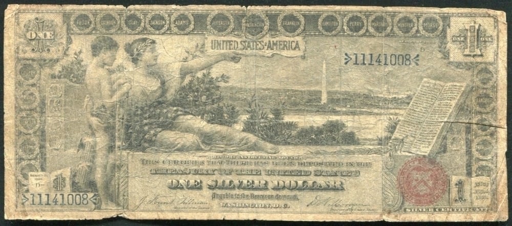 1896 $1 large size Silver Certificate Martha & George Washington "Educational Series" Grades f, fine: 1896 $1 large size Silver Certificate Martha & George Washington "Educational Series" Grades f, fine Signatures Tillman/Morgan. FR-224 In 1896, the U.S. Treasury printed Silver Certificates with beaut