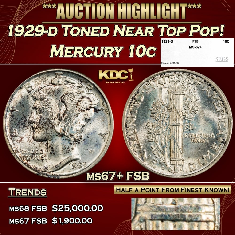 1929-d Mercury Dime Toned Near Top Pop! 10c ms67+ FSB SEGS: 1929-d Toned Near Top Pop! Mercury Dime 10c ms67+ FSB SEGS. 0