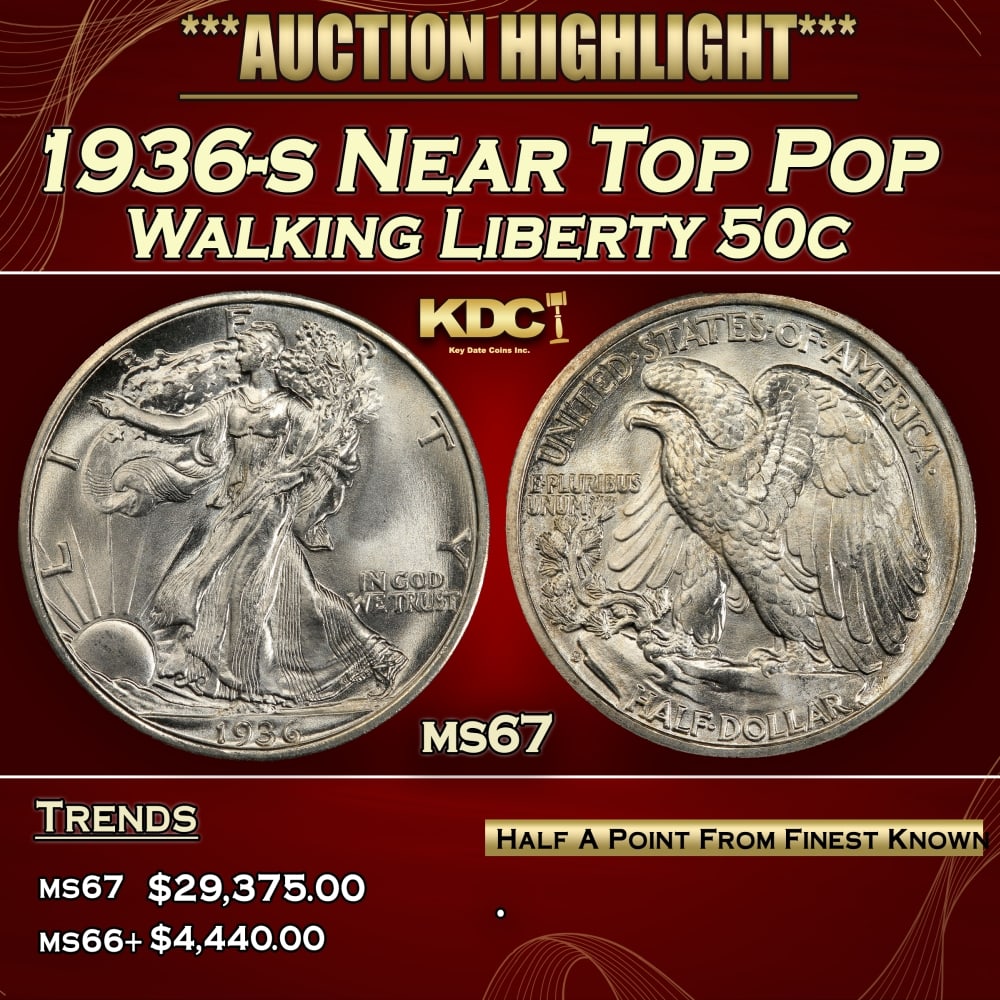 1936-s Walking Liberty Half Dollar Near Top Pop 50c ms67 SEGS: 1936-s Near Top Pop Walking Liberty Half Dollar 50c ms67 SEGS.