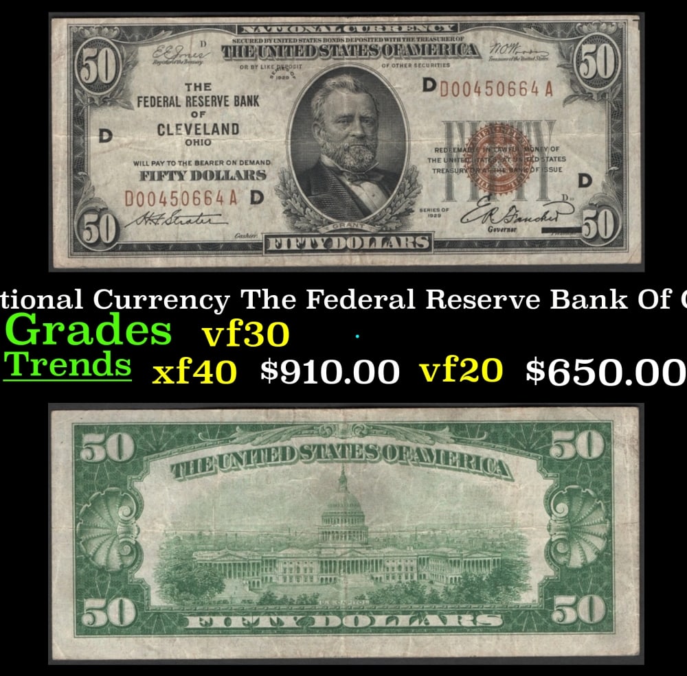 1929 $50 National Currency The Federal Reserve Bank Of Cleveland, OH Grades vf++ (1 of 3)