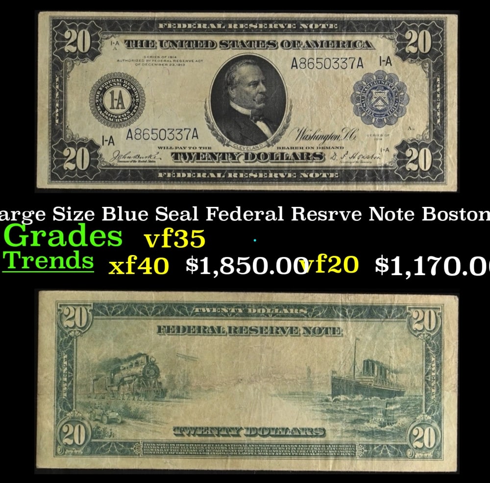 1914 $20 Large Size Blue Seal Federal Resrve Note Boston, MA Grades vf++ FR-966 (1 of 3)