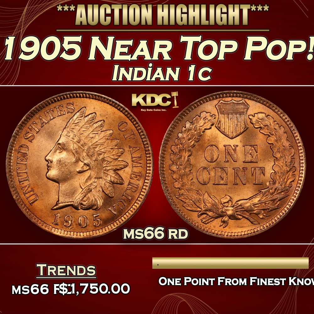 1905 Indian Cent Near Top Pop! 1c ms66 rd SEGS: 1905 Near Top Pop! Indian Cent 1c ms66 rd SEGS. 0