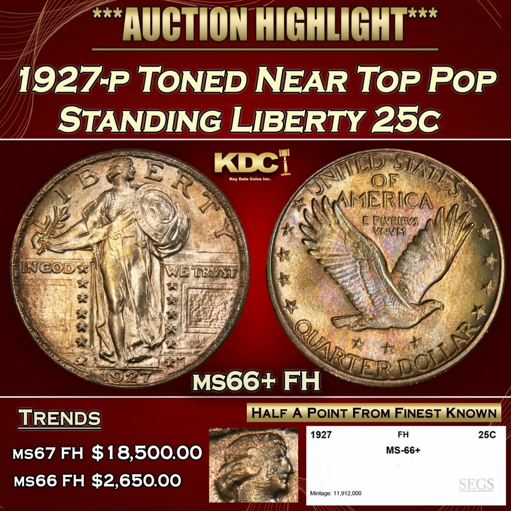 1927-p Standing Liberty Quarter Toned Near Top Pop 25c ms66+ FH SEGS: 1927-p Toned Near Top Pop Standing Liberty Quarter 25c ms66+ FH SEGS. 0