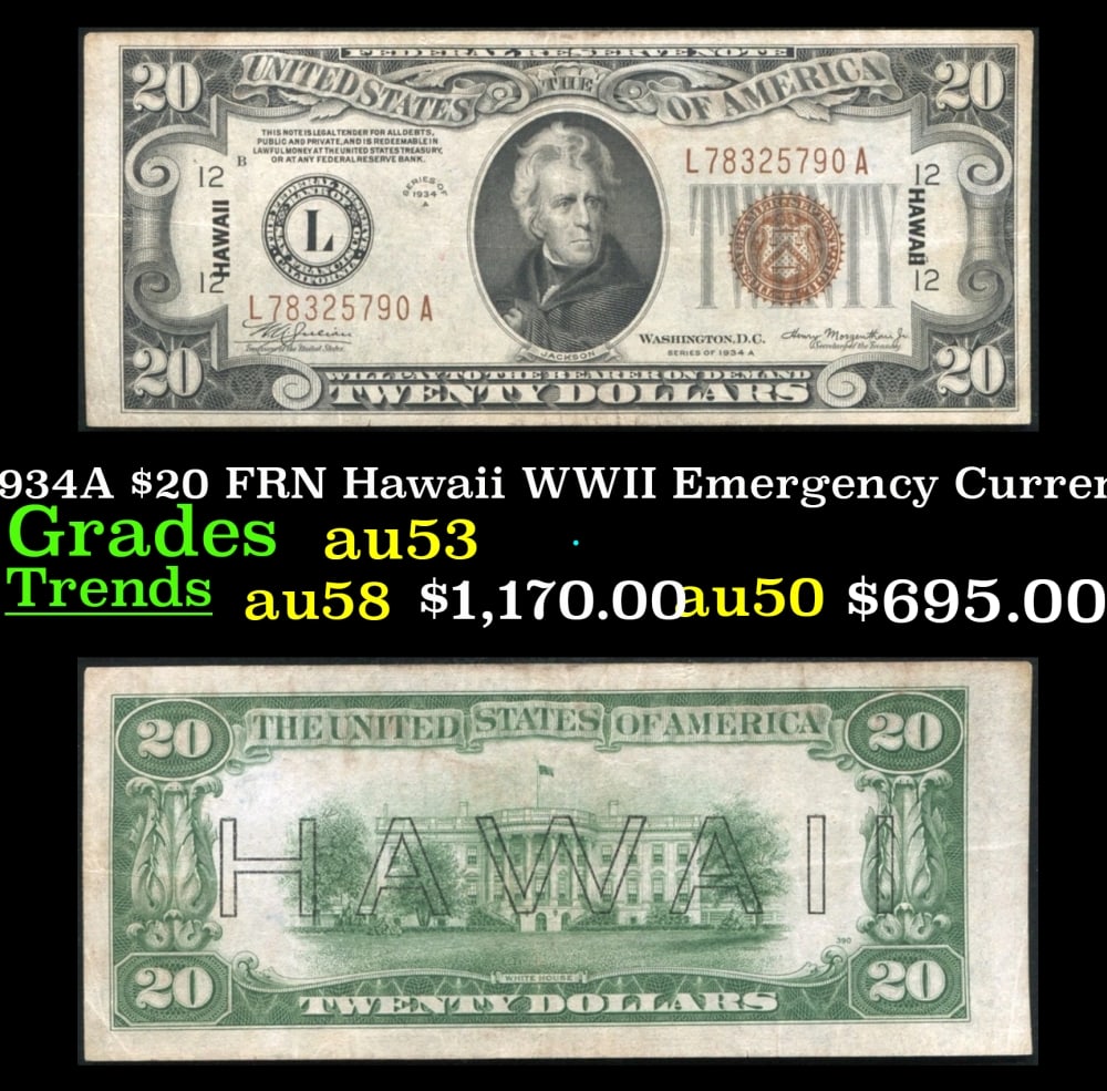 1934A $20 FRN Hawaii WWII Emergency Currency Grades Select AU (1 of 3)