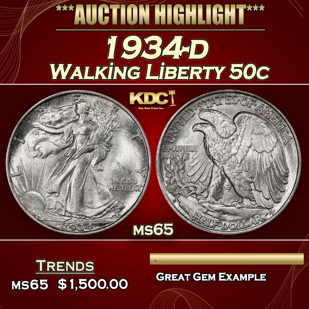 1934-d Walking Liberty Half Dollar 50c ms65 SEGS (1 of 3)