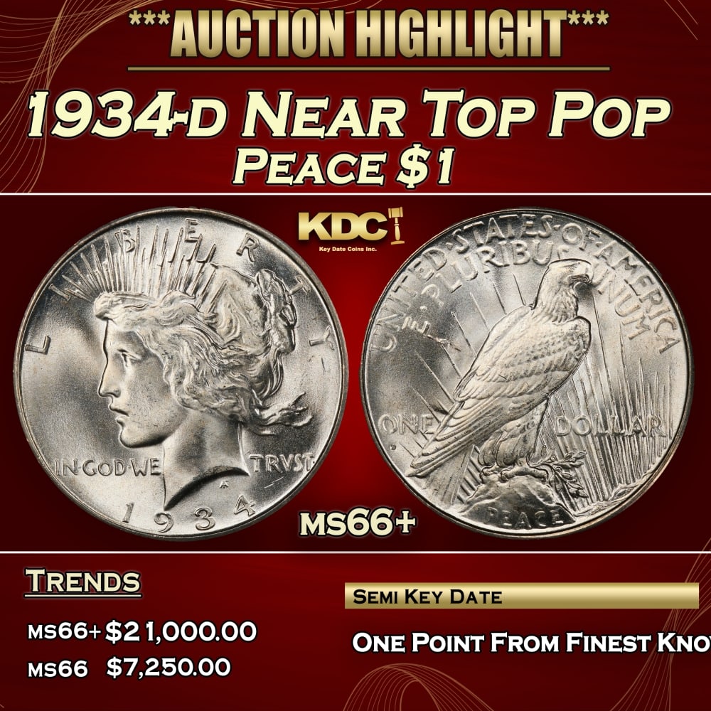 1934-d Peace Dollar Near Top Pop $1 ms66+ SEGS: 1934-d Near Top Pop Peace Dollar $1 ms66+ SEGS. 0