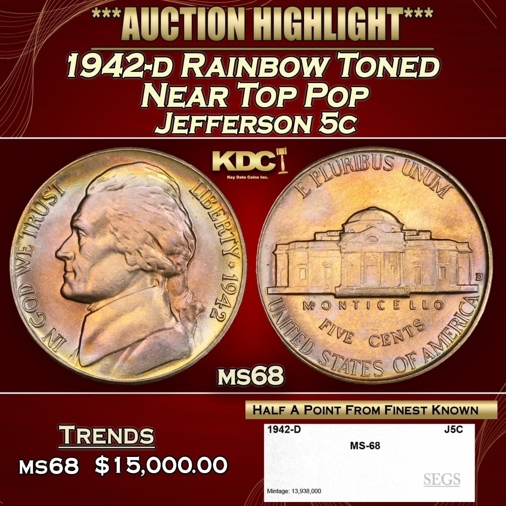 1942-d Jefferson Nickel Rainbow Toned Near Top Pop 5c ms68 SEGS (1 of 4)