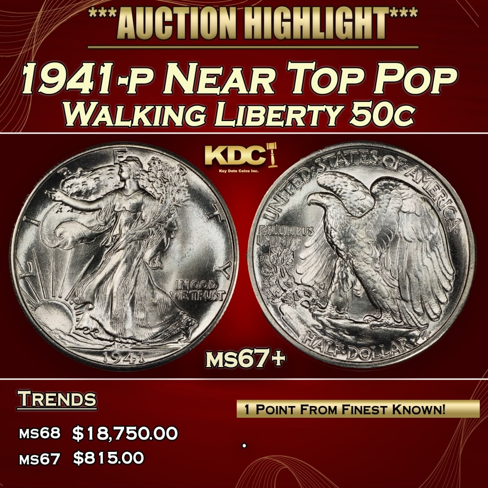 1941-p Walking Liberty Half Dollar Near Top Pop 50c ms67+ SEGS: 1941-p Near Top Pop Walking Liberty Half Dollar 50c ms67+ SEGS.