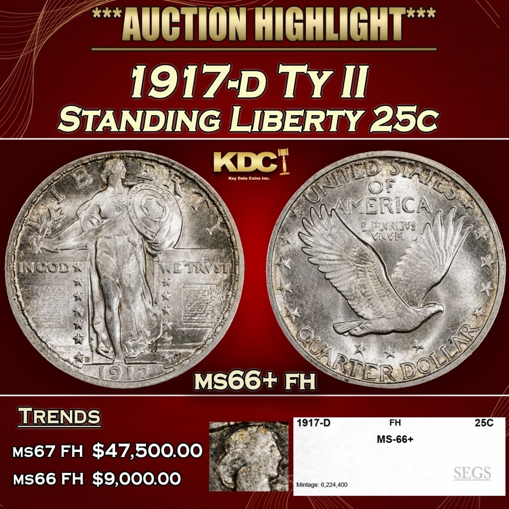 1917-d Ty II Standing Liberty Quarter 25c ms66+ fh SEGS (1 of 5)