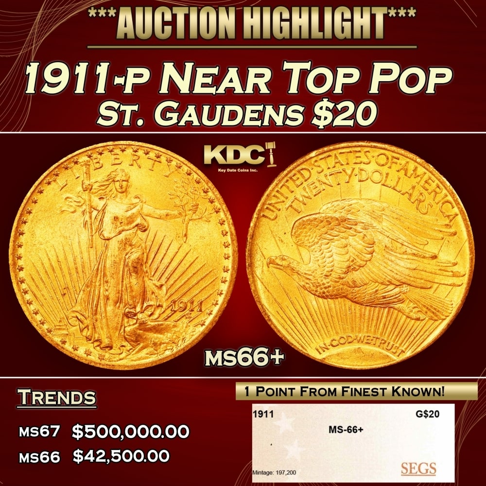 1911-p Gold St. Gaudens Double Eagle Near Top Pop $20 ms66+ SEGS (1 of 4)