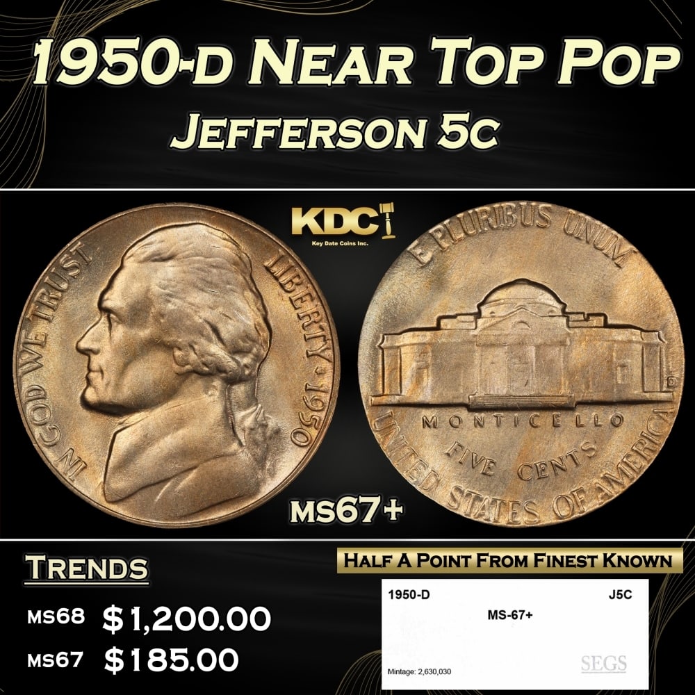 1950-d Jefferson Nickel Near Top Pop 5c ms67+ SEGS (1 of 4)