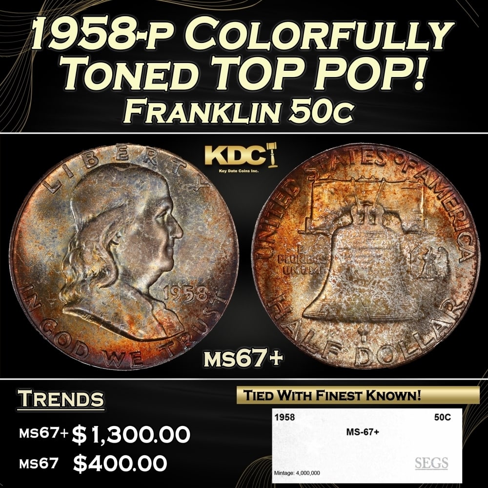 1958-p Franklin Half Dollar Colorfully Toned TOP POP! 50c ms67+ SEGS (1 of 4)
