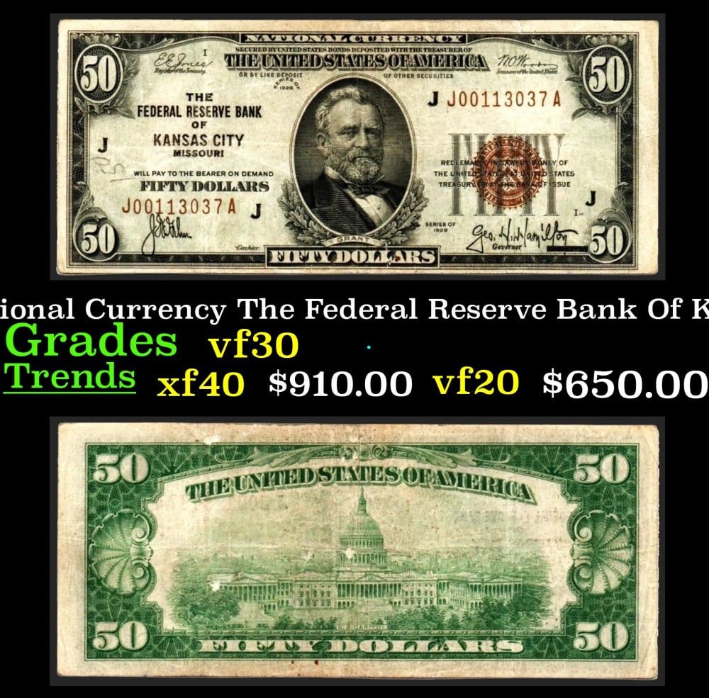1929 $50 National Currency The Federal Reserve Bank Of Kansas City, MI Grades vf++ (1 of 3)