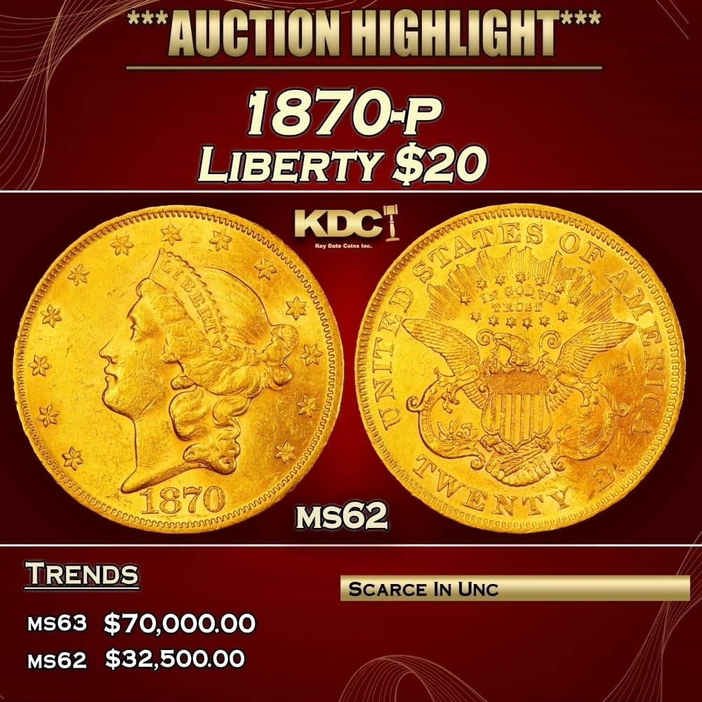 1870-p Gold Liberty Double Eagle $20 ms62 USCG (1 of 3)