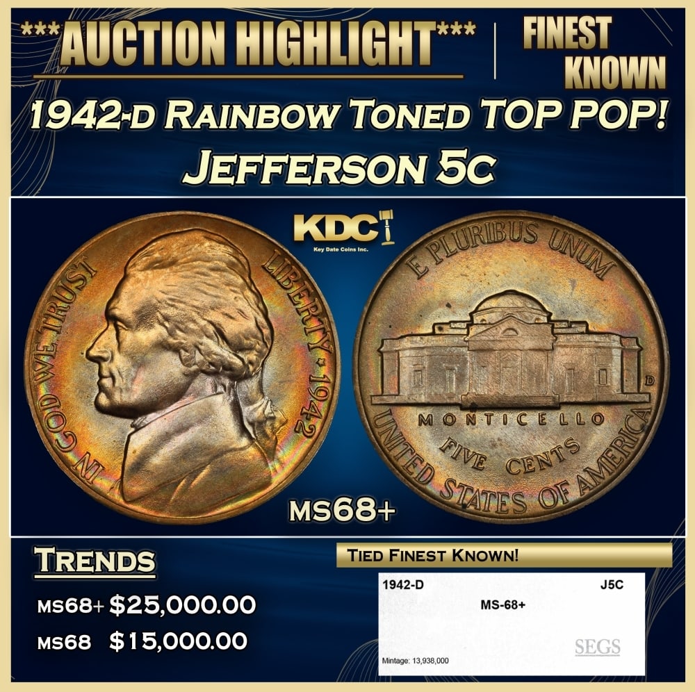 1942-d Jefferson Nickel Rainbow Toned TOP POP! 5c ms68+ SEGS (1 of 4)