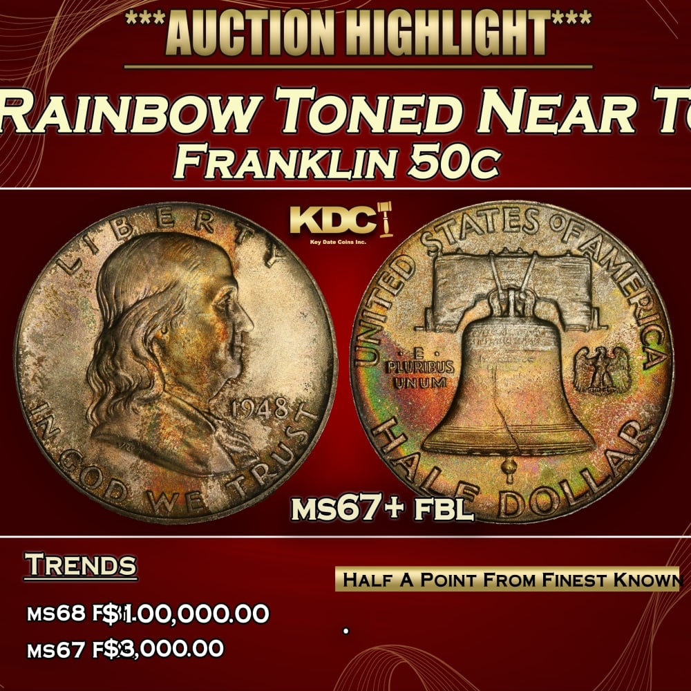 1948-p Franklin Half Dollar Rainbow Toned Near Top Pop 50c ms67+ fbl SEGS (1 of 3)