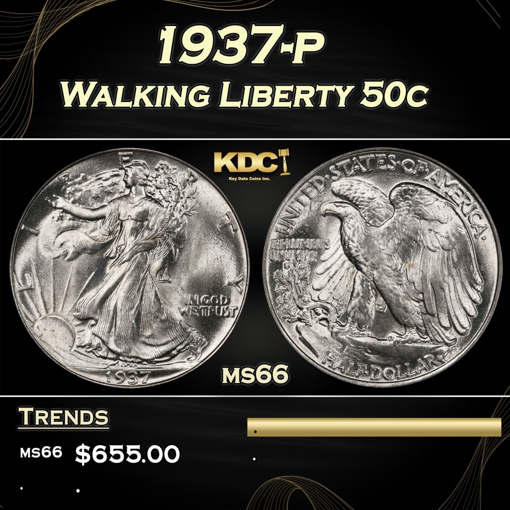 1937-p Walking Liberty Half Dollar 50c Grades ms66 (1 of 3)