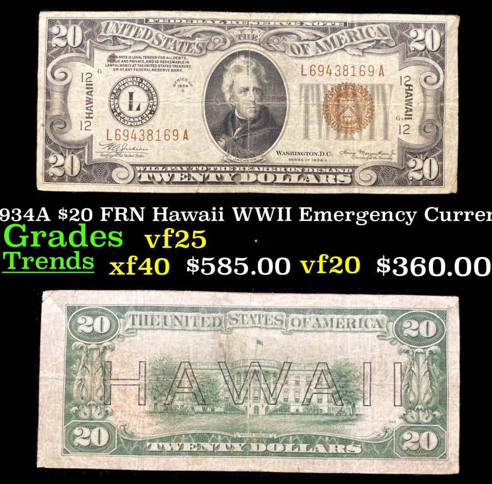 1934A $20 FRN Hawaii WWII Emergency Currency Grades vf+ (1 of 3)