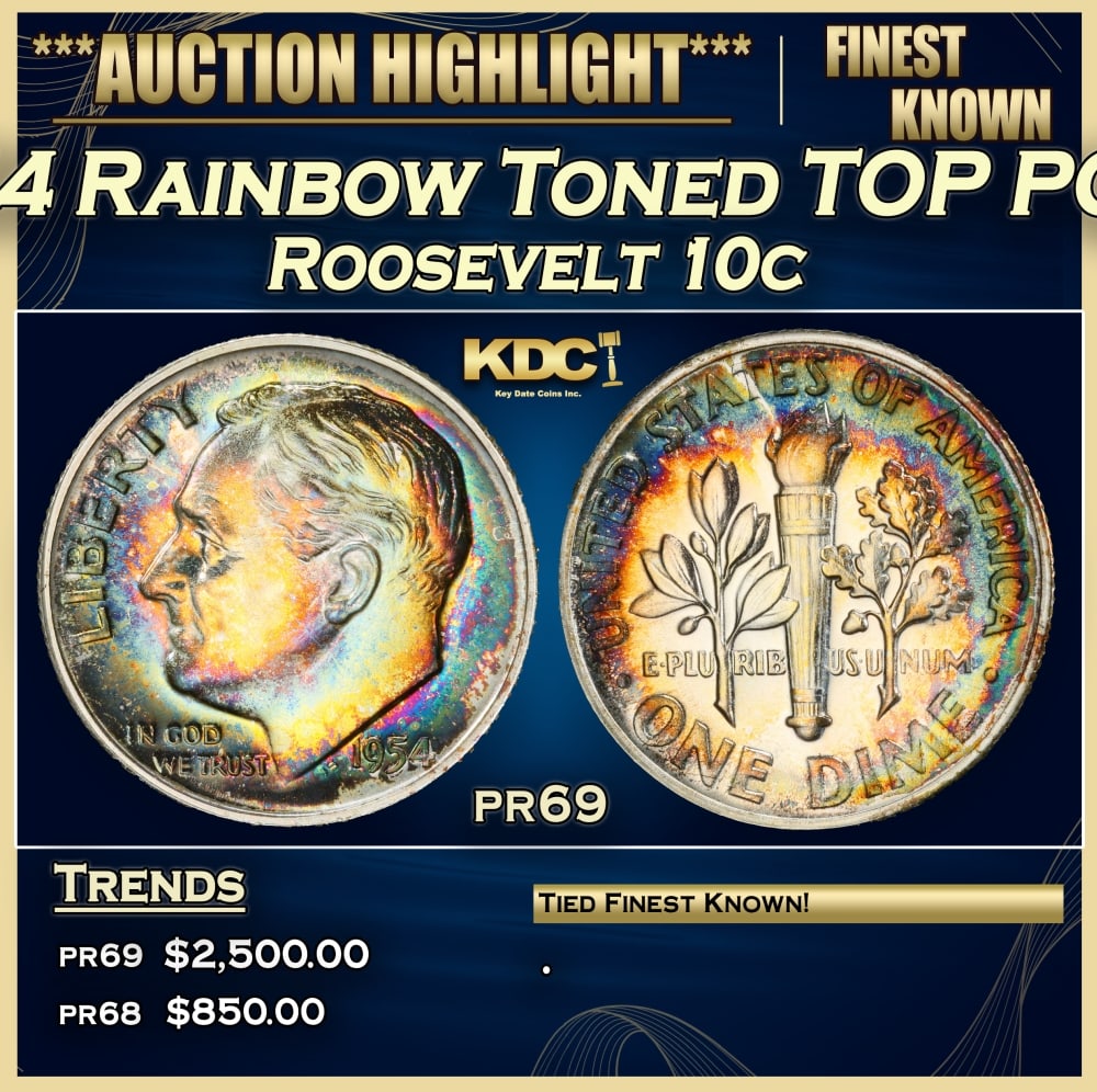 1954 Proof Roosevelt Dime Rainbow Toned TOP POP! 10c pr69 SEGS (1 of 3)