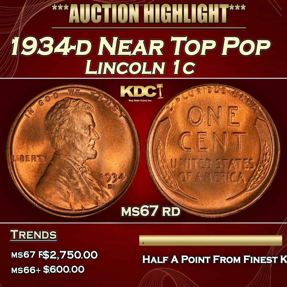 1934-d Lincoln Cent Near Top Pop 1c ms67 rd SEGS (1 of 3)