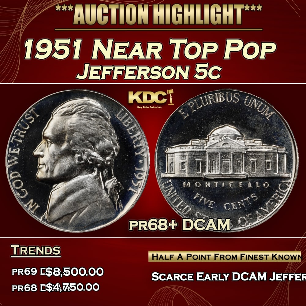 1951 Proof Jefferson Nickel Near Top Pop 5c pr68+ DCAM SEGS (1 of 3)