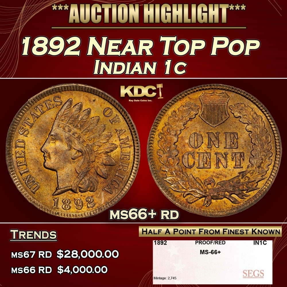 1892 Indian Cent Near Top Pop 1c ms66+ rd SEGS: 1892 Near Top Pop Indian Cent 1c ms66+ rd SEGS. 0