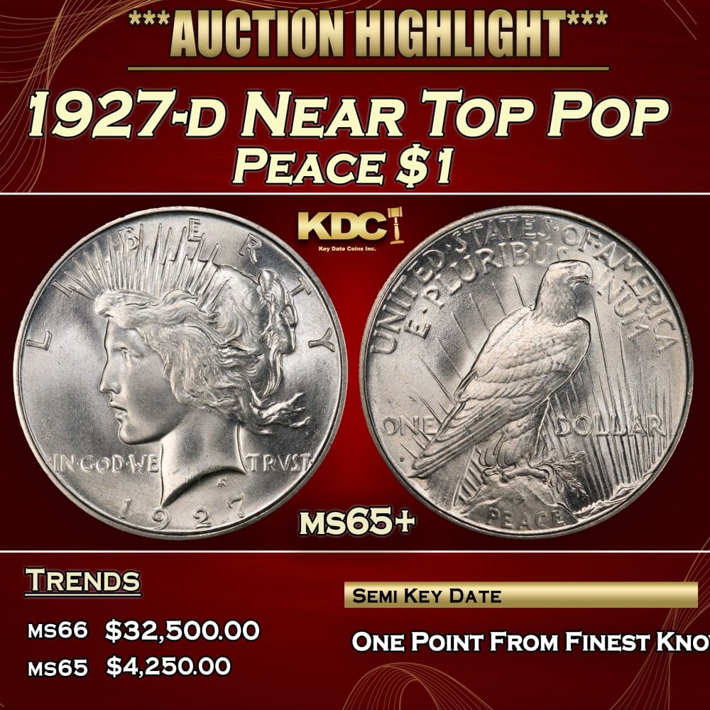 1927-d Peace Dollar Near Top Pop $1 ms65+ SEGS: 1927-d Near Top Pop Peace Dollar $1 ms65+ SEGS. 0