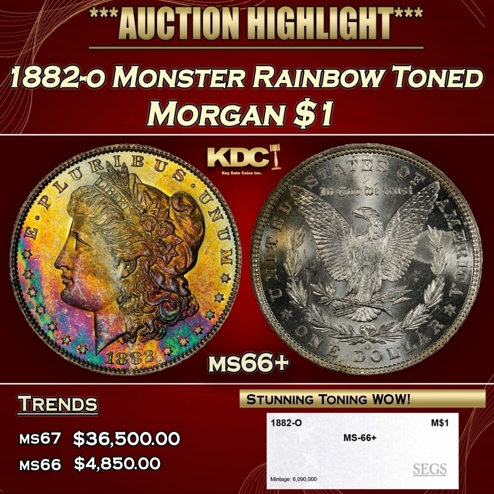 1882-o Morgan Dollar Monster Rainbow Toned $1 ms66+ SEGS: 1882-o Monster Rainbow Toned Morgan Dollar $1 ms66+ SEGS. 0