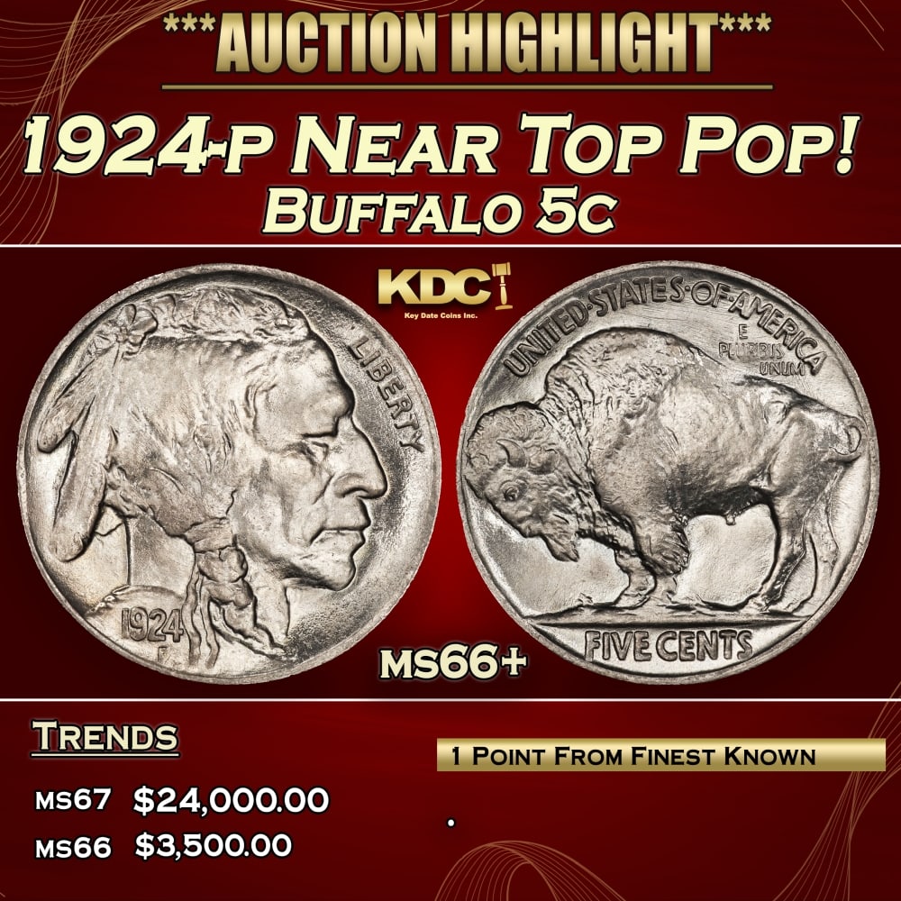 1924-p Buffalo Nickel Near Top Pop! 5c ms66+ SEGS: 1924-p Near Top Pop! Buffalo Nickel 5c ms66+ SEGS.