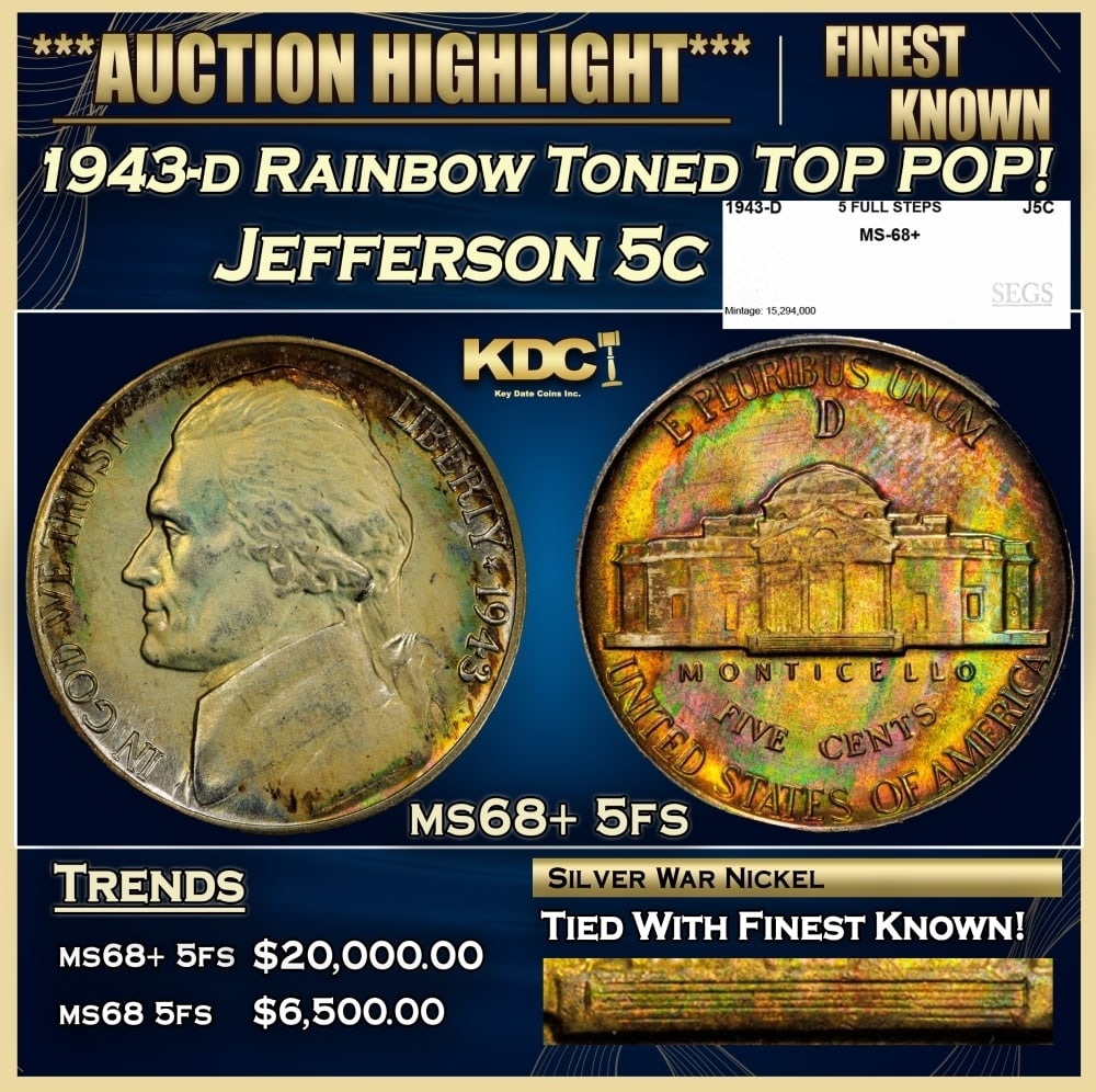 1943-d Jefferson Nickel Rainbow Toned TOP POP! 5c ms68+ 5fs SEGS (1 of 5)