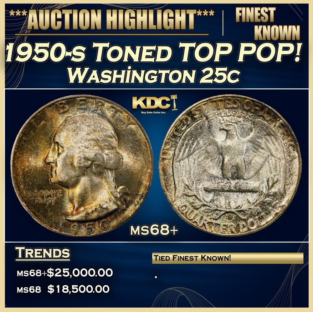 1950-s Washington Quarter Toned TOP POP! 25c ms68+ SEGS (1 of 3)
