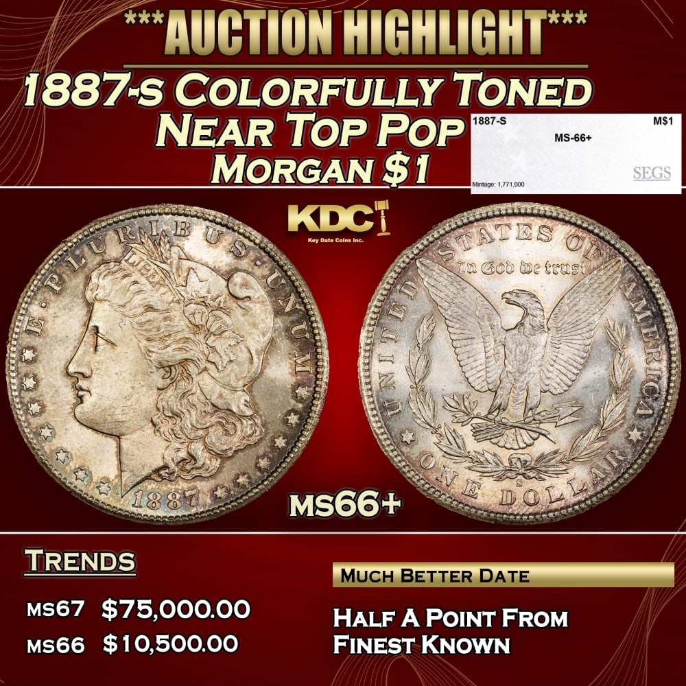 1887-s Morgan Dollar Colorfully Toned Near Top Pop $1 ms66+ SEGS: 1887-s Colorfully Toned Near Top Pop Morgan Dollar $1 ms66+ SEGS. 0