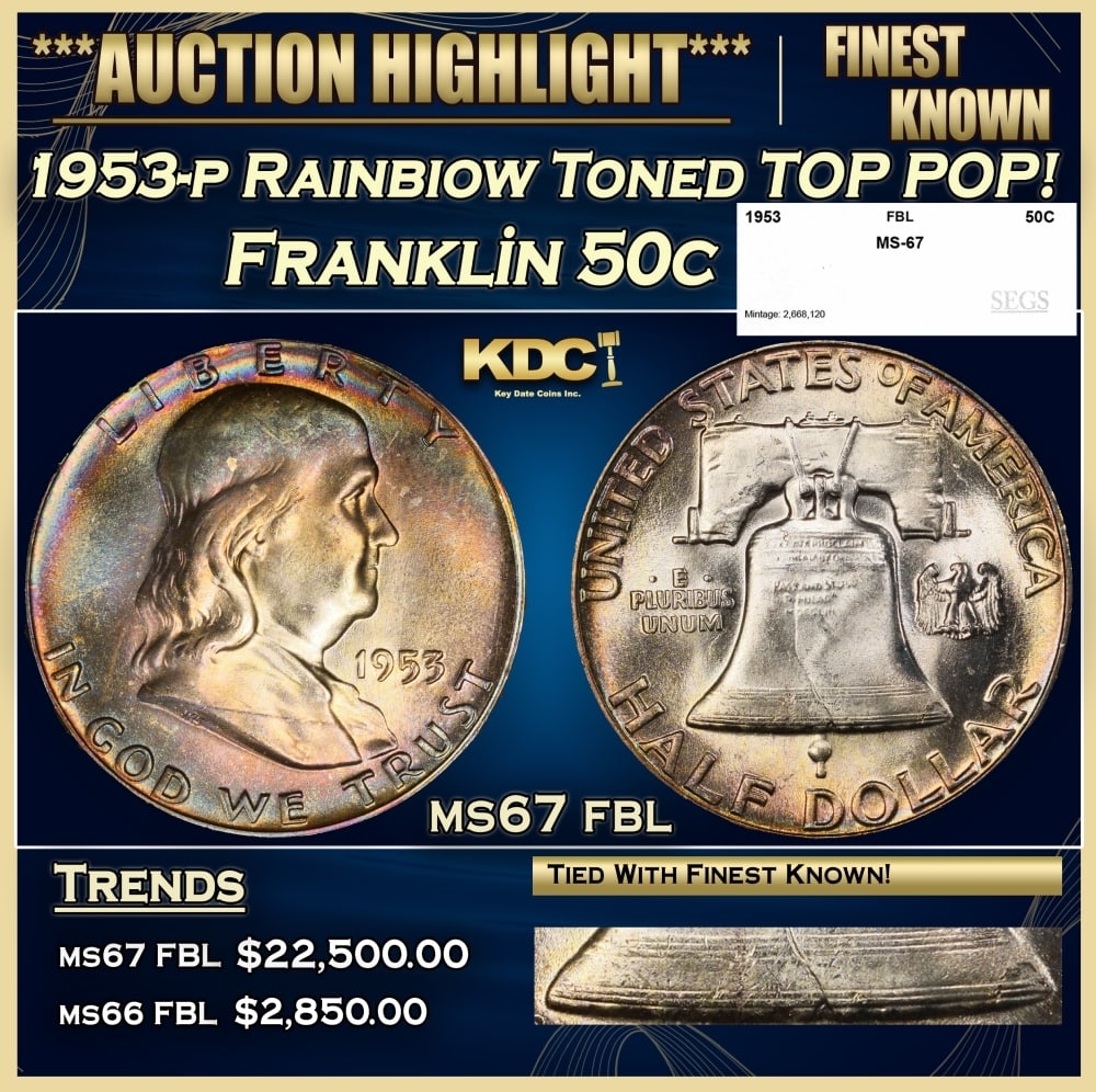 1953-p Franklin Half Dollar Rainbiow Toned TOP POP! 50c ms67 fbl SEGS (1 of 5)