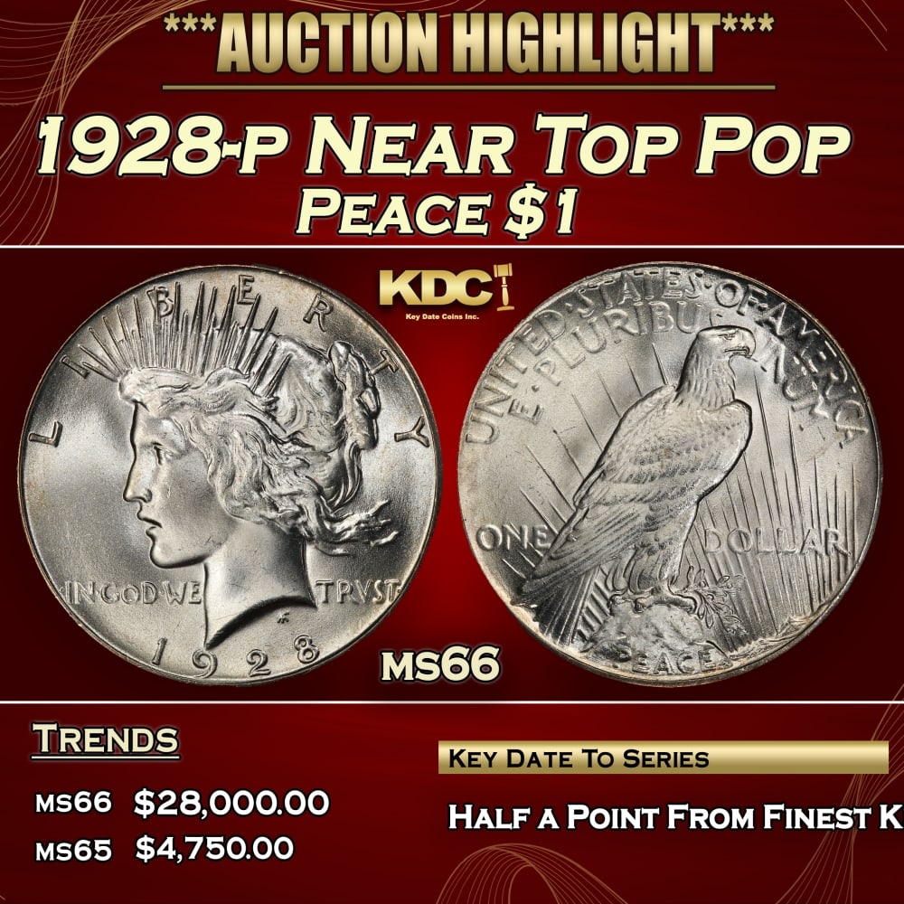 1928-p Peace Dollar Near Top Pop $1 ms66 SEGS (1 of 3)