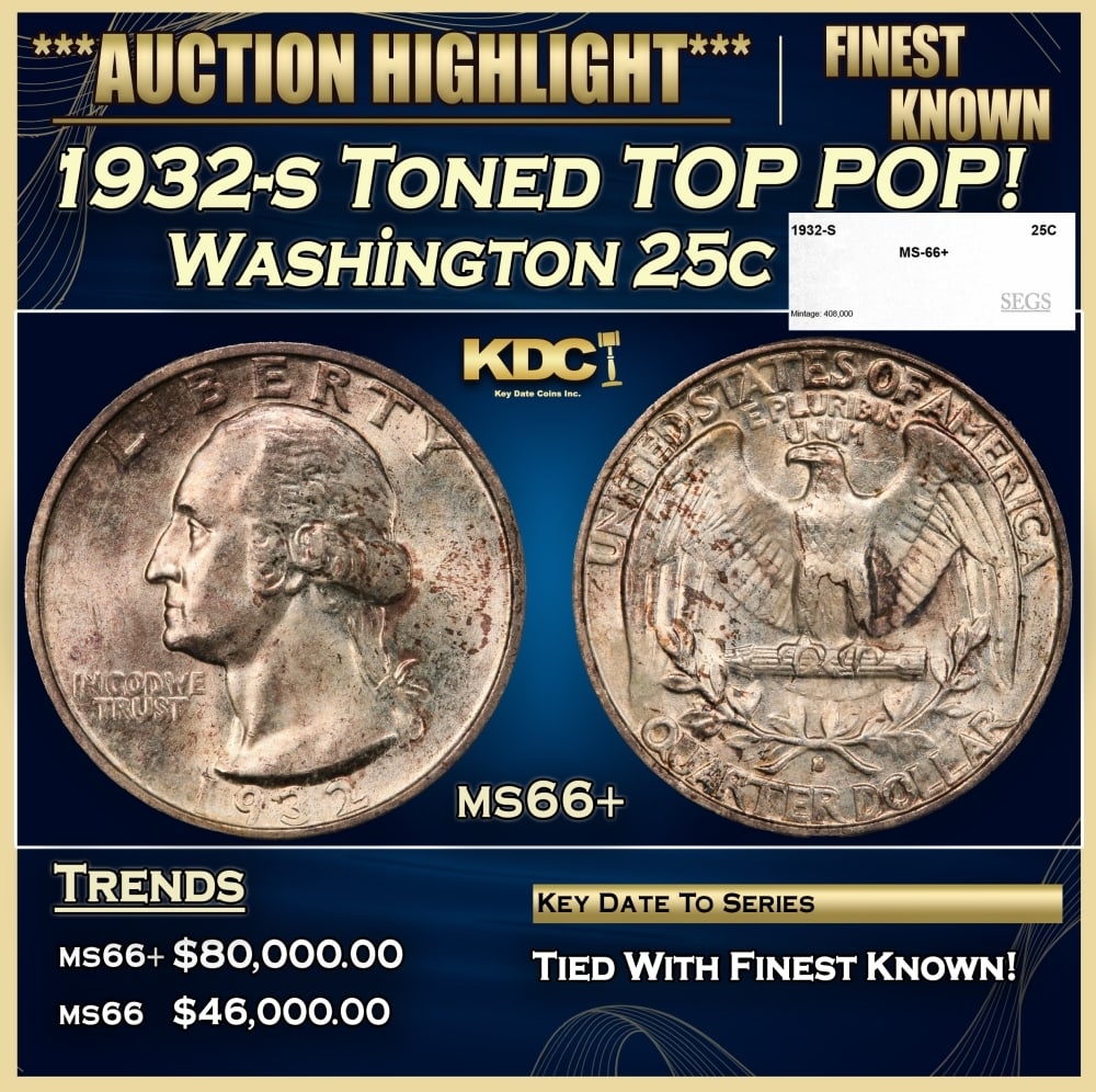 1932-s Washington Quarter Toned TOP POP! 25c ms66+ SEGS: 1932-s Toned TOP POP! Washington Quarter 25c ms66+ SEGS. One of the Keys to the series. According to David Hall, from PCGS The 1932-s is the 2nd rarest of the Washington quarters. There are only two W