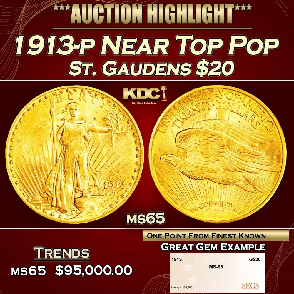 1913-p Gold St. Gaudens Double Eagle Near Top Pop $20 ms65 SEGS (1 of 4)