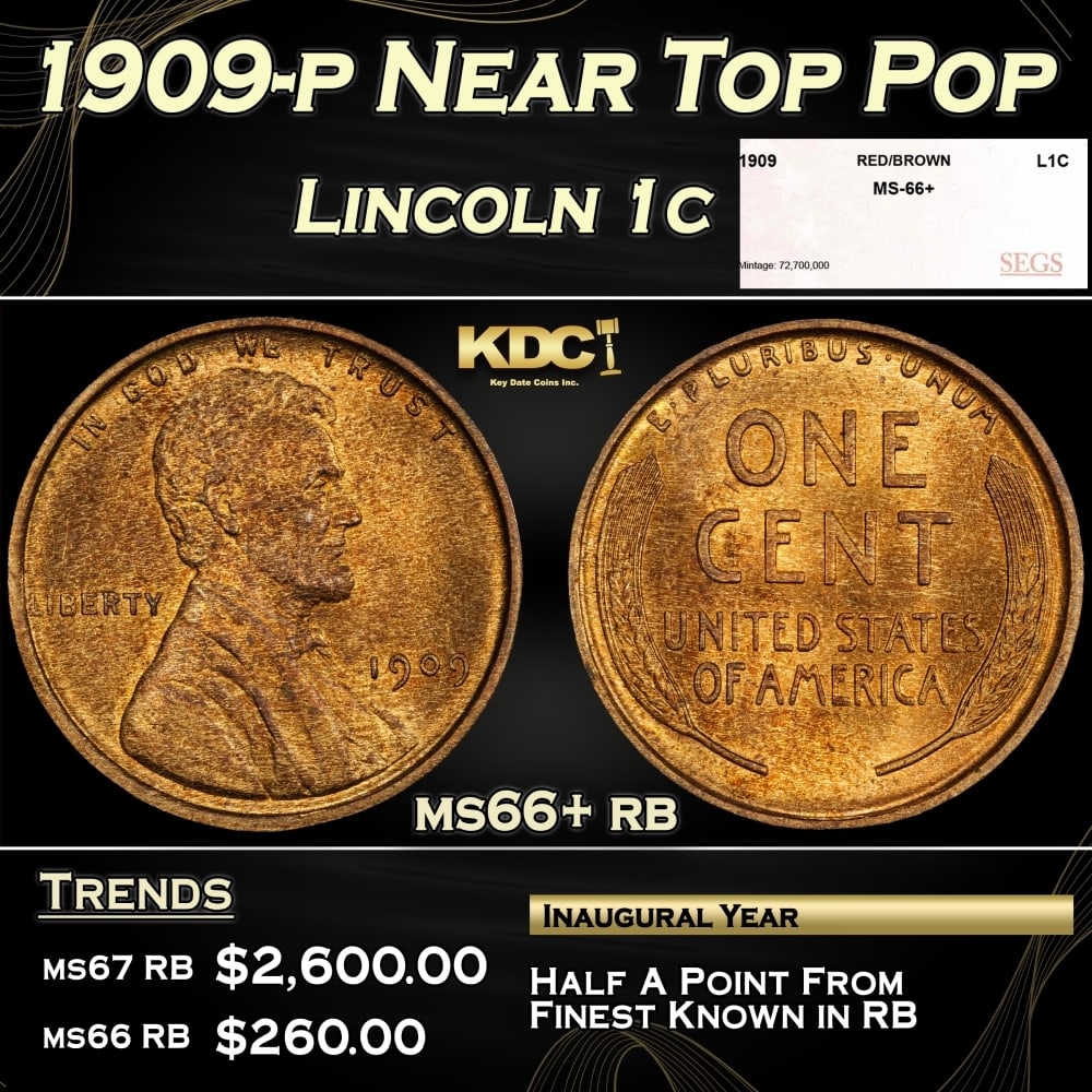 1909-p Lincoln Cent Near Top Pop 1c ms66+ rb SEGS (1 of 4)
