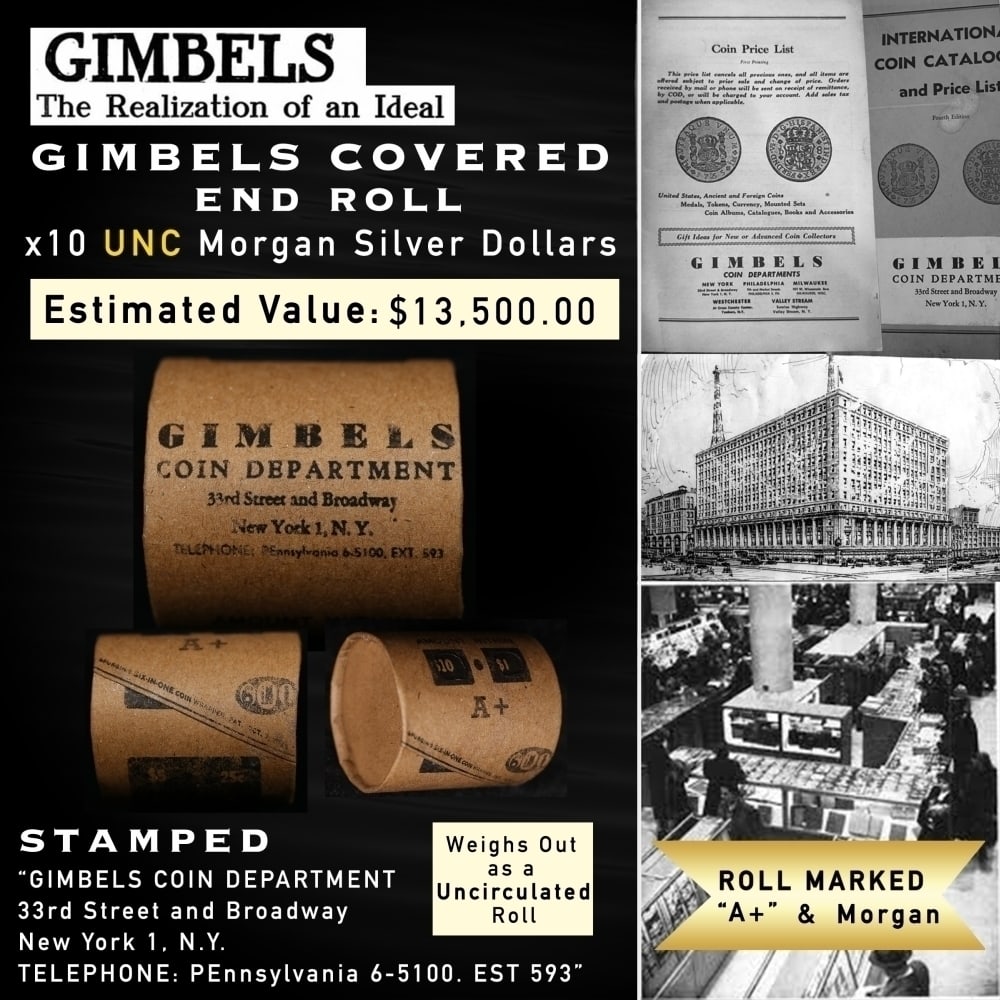 Rare GIMBLES A+ 10 Coin Unc Morgan Dollar $1 Roll (1 of 8)