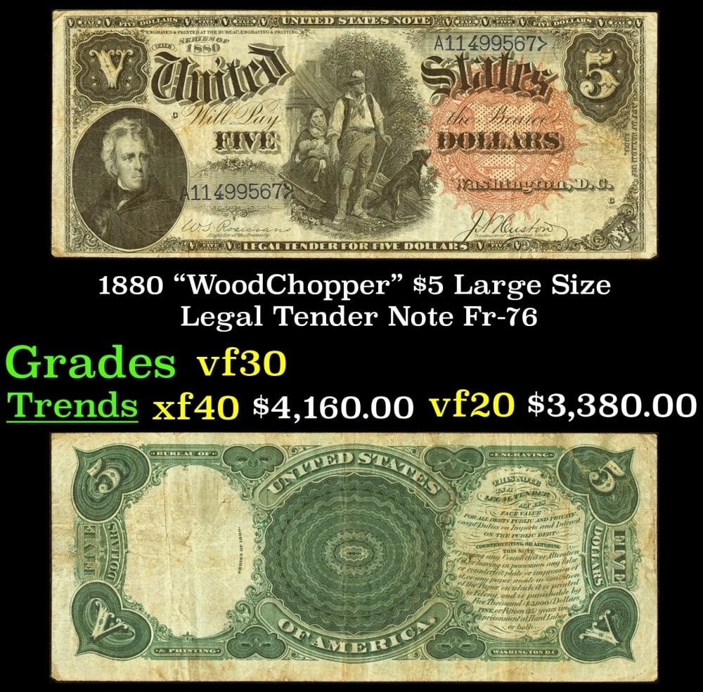 1880 $5 Large Size Legal Tender Note "WoodChopper" Grades vf++ Fr-76 (1 of 3)