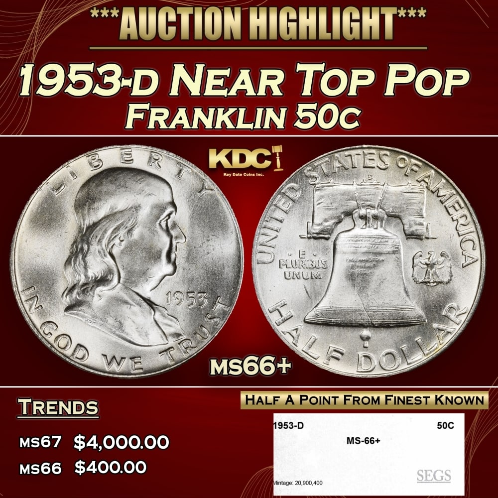 1953-d Franklin Half Dollar Near Top Pop 50c ms66+ SEGS (1 of 4)