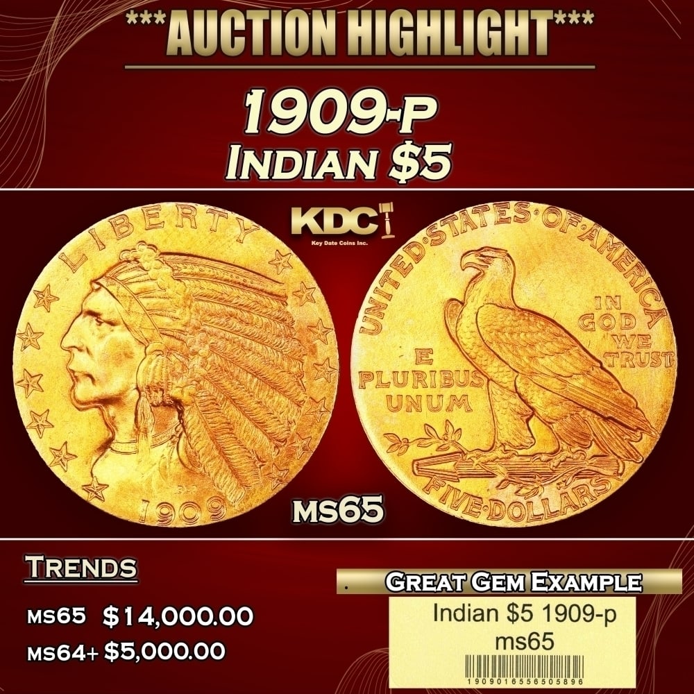 1909-p Gold Indian Half Eagle $5 ms65 USCG (1 of 4)