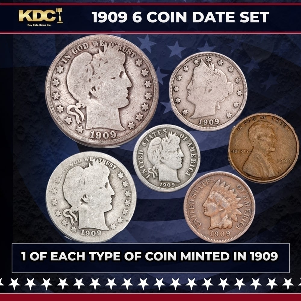 1909 6 Coin Date Set, 1 Of Each Type Of Coin Minted in 1909: 1909 6 Coin Date Set, 1 Of Each Type Of Coin Minted in 1909. Please Note All Backer Cards may have slight differences but will be very similar if not identical to the one in the photoHistoric precious