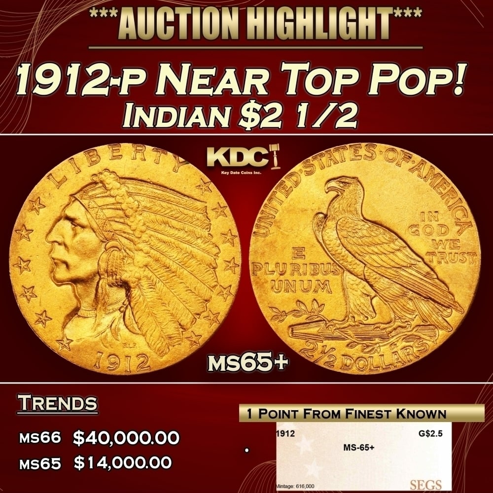 1912-p Gold Indian Quarter Eagle Near Top Pop! $2 1/2 ms65+ SEGS (1 of 4)