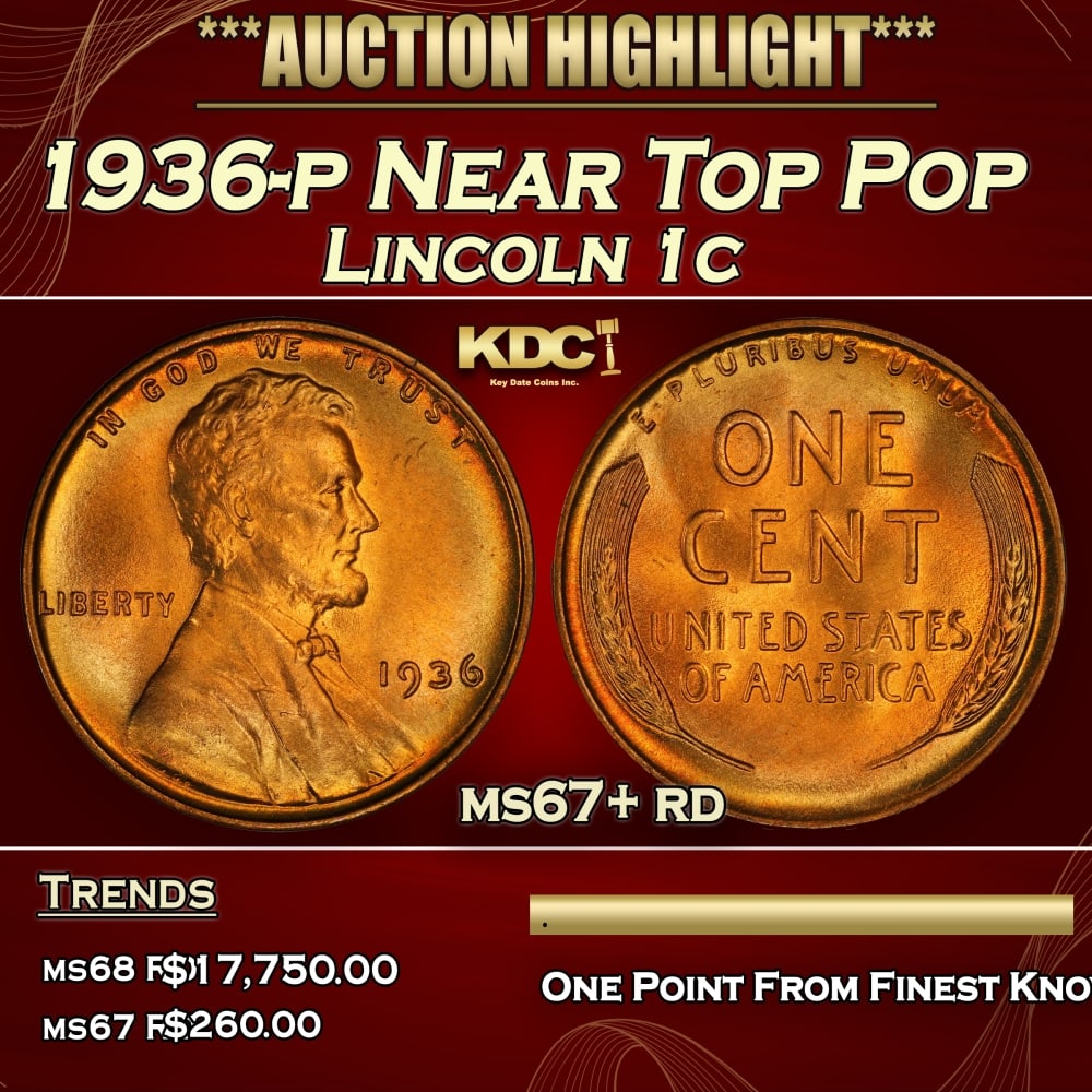 1936-p Lincoln Cent Near Top Pop 1c ms67+ rd SEGS (1 of 3)