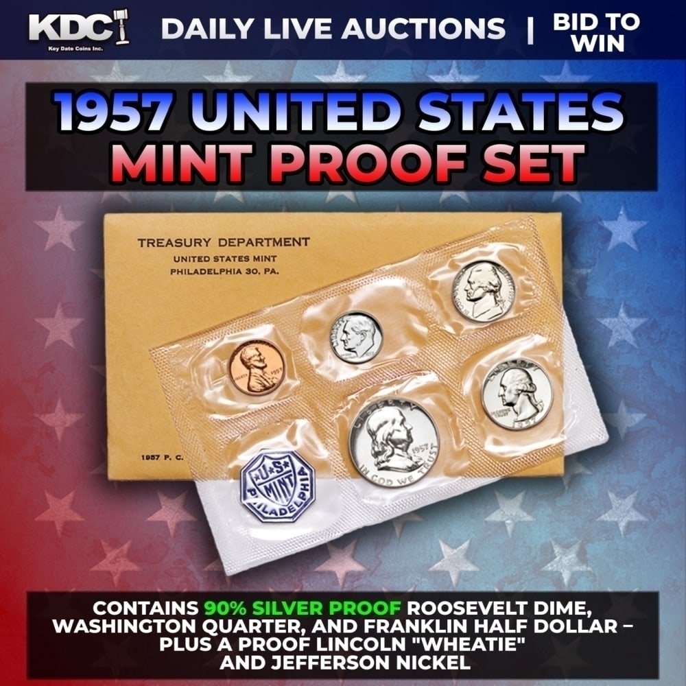1957 United States Mint Silver Proof Set In Original Goventment Packaging, 5 Coins - Manilla (1 of 1)