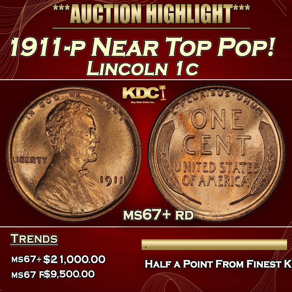 1911-p Lincoln Cent Near Top Pop! 1c ms67+ rd SEGS (1 of 3)