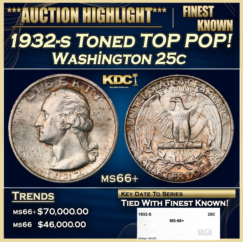 1932-s Washington Quarter Toned TOP POP! 25c ms66+ SEGS (1 of 4)