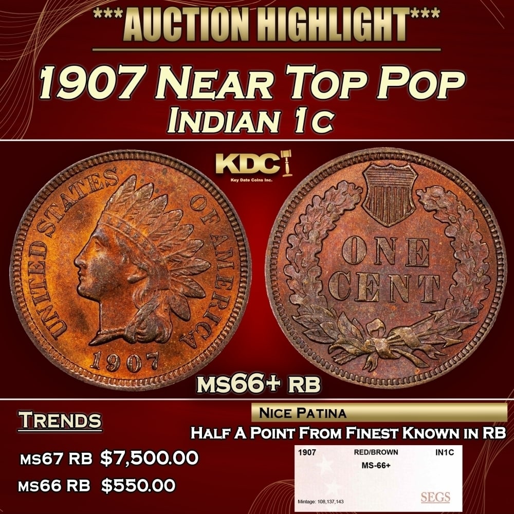 1907 Indian Cent Near Top Pop 1c ms66+ rb SEGS (1 of 4)