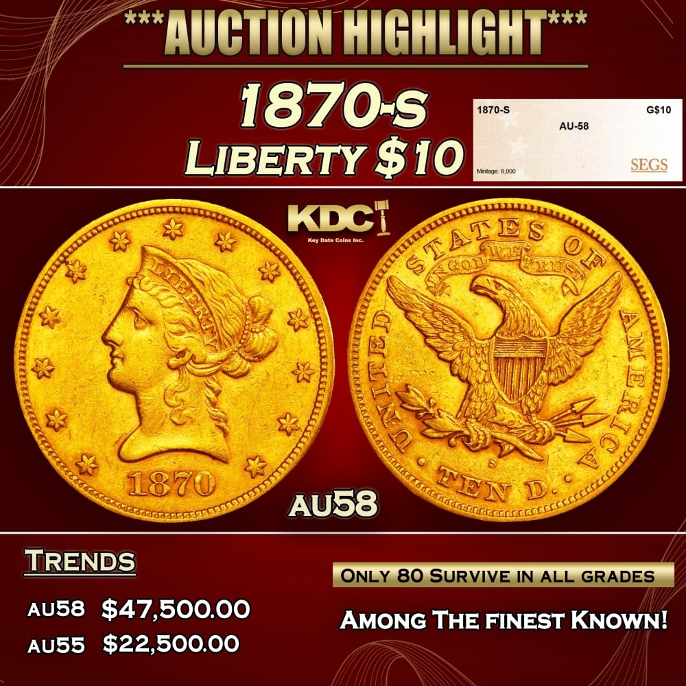 1870-s Gold Liberty Eagle $10 au58 SEGS (1 of 4)